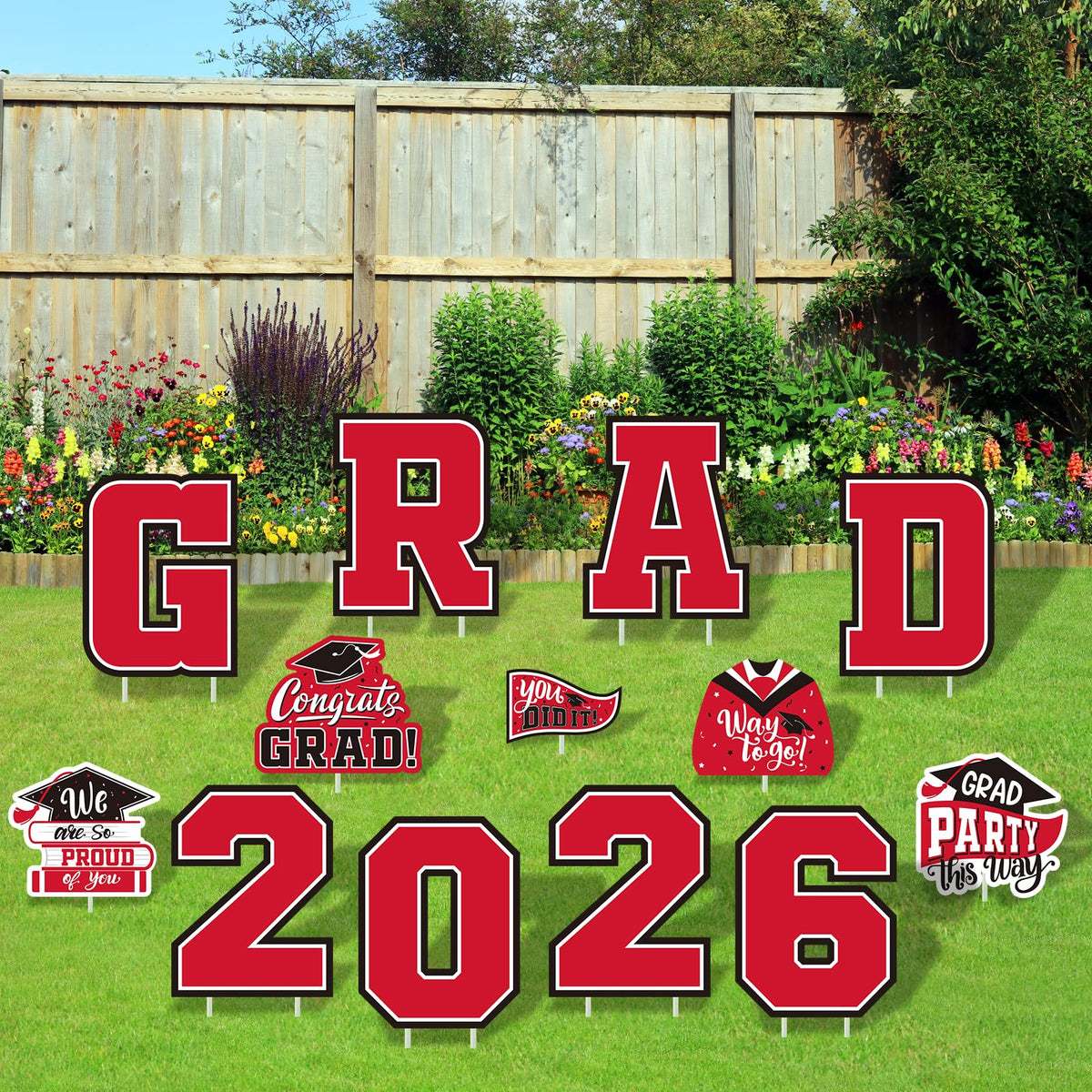 Gatherfun red graduation yard sign cap design for curbside display and photo ops