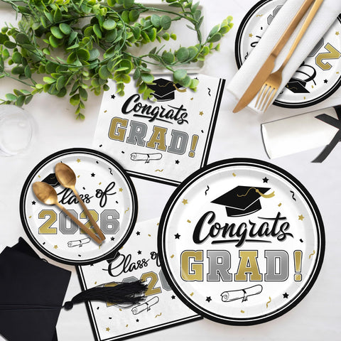 Gatherfun white gold graduation design adds a classy party ambiance