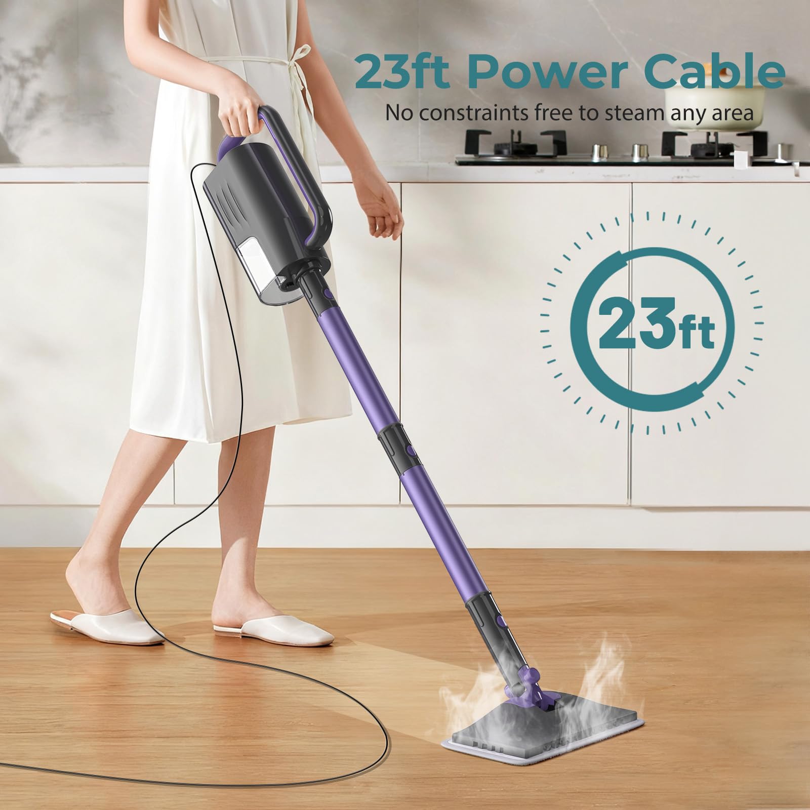Gatlei Steam Mop with 23ft cord for thorough reach across rooms.