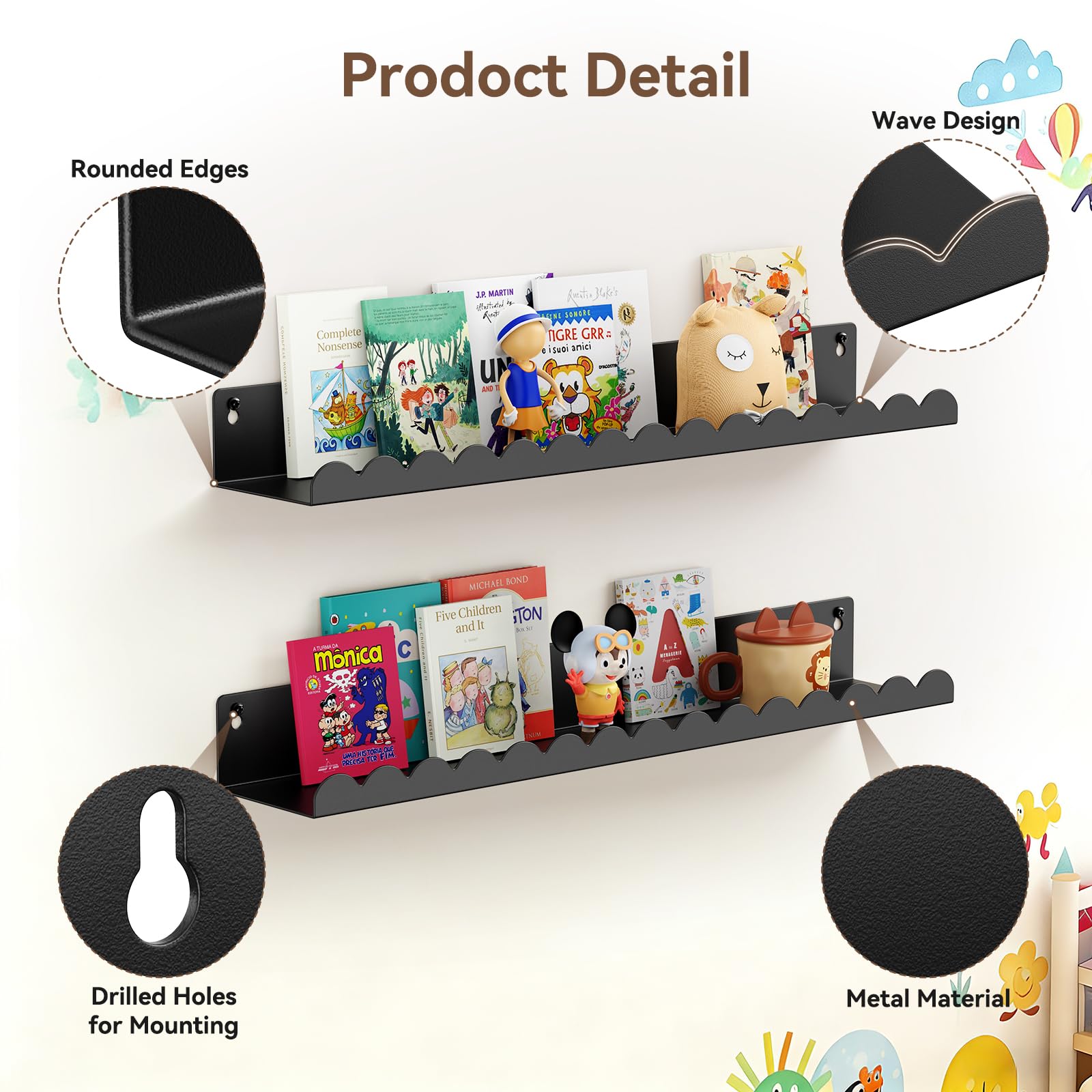 Gattlukd wall shelves black finish with scalloped edge for stylish decor.