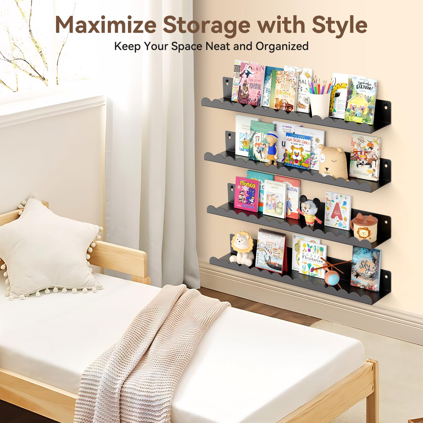 Gattlukd wall shelves in kids room maximize wall space.
