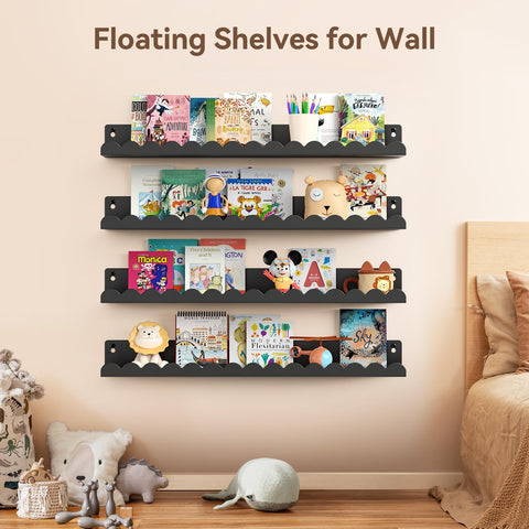 Gattlukd wall shelves in nursery display books and toys neatly.