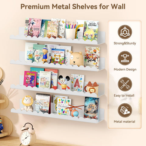 Gattlukd scalloped edge shelves add decorative storage in playroom.