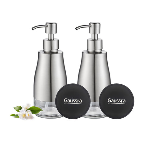 Gaussra 2-pack dispenser with brushed nickel finish and glass liner for easy refilling