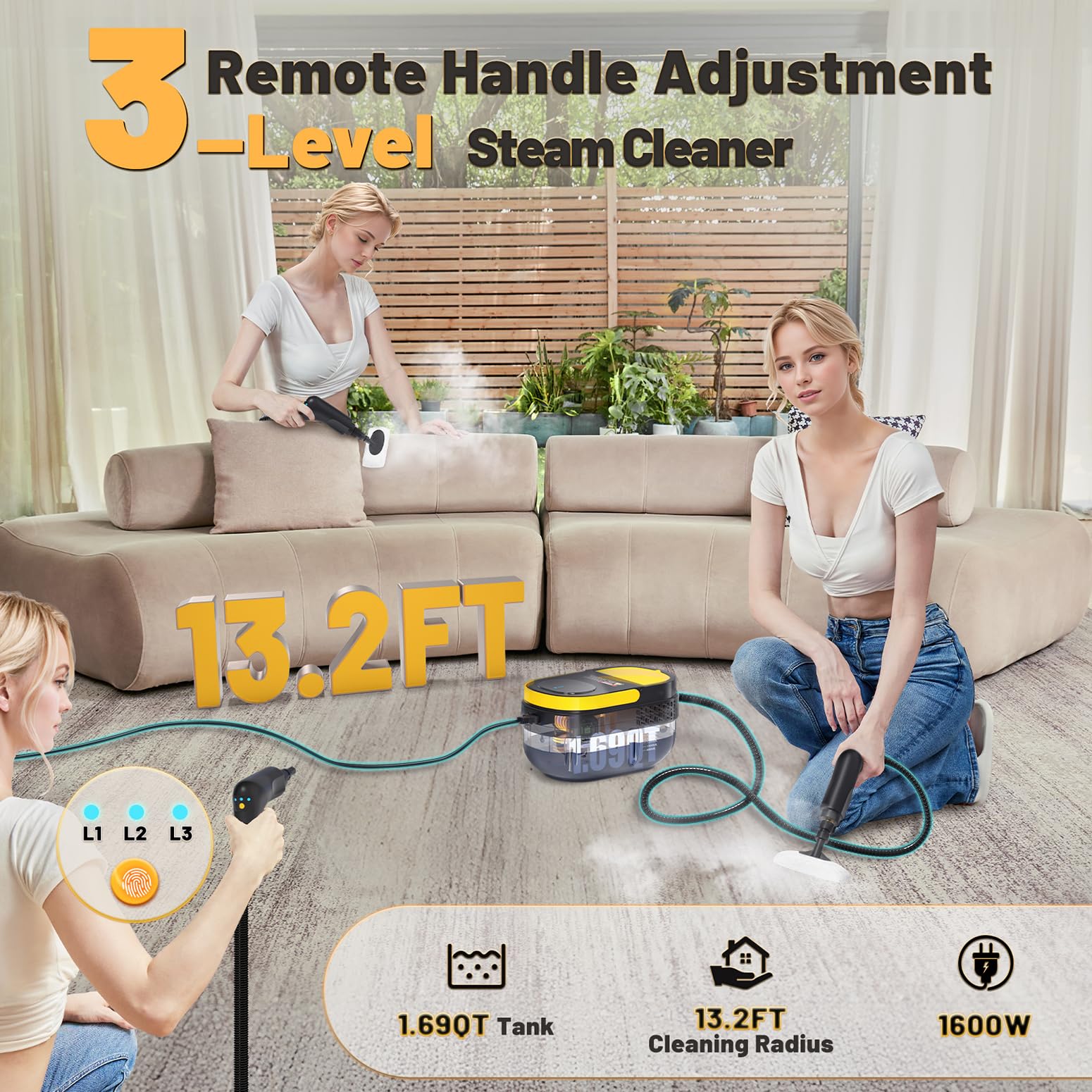 Gautye G1 steam cleaner handle with 3-level control enables customized steam.