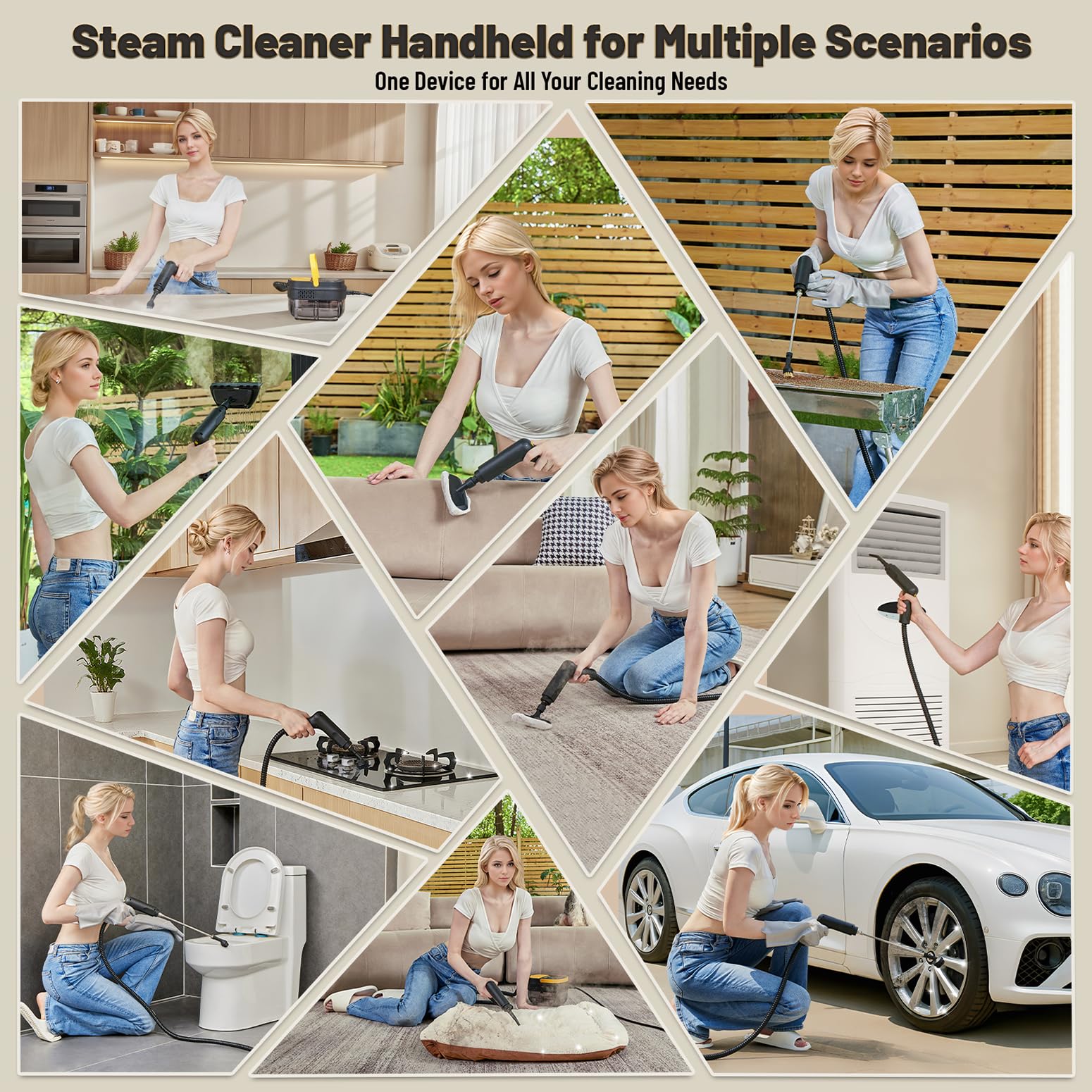 Gautye G1 steam cleaner on tile, grout, car interiors with precision.