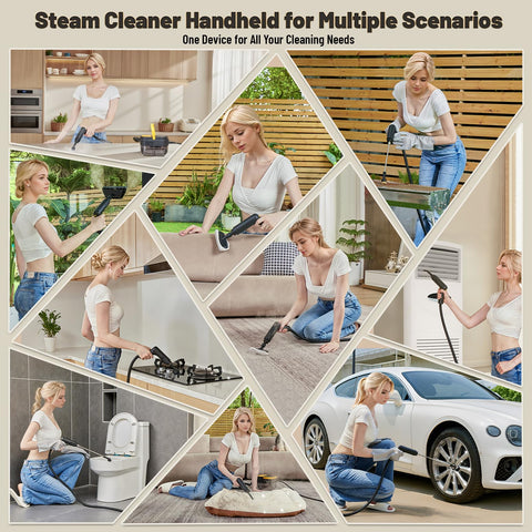 Gautye G1 steam cleaner on tile, grout, car interiors with precision.