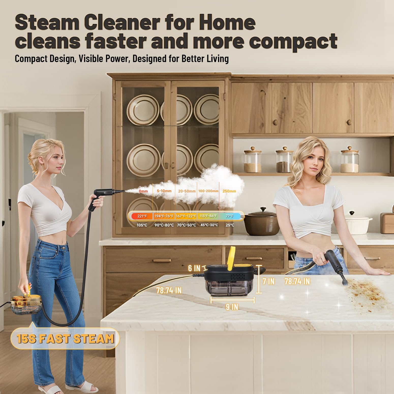 Gautye G1 steam cleaner heats up in 15 seconds for quick cleanups.