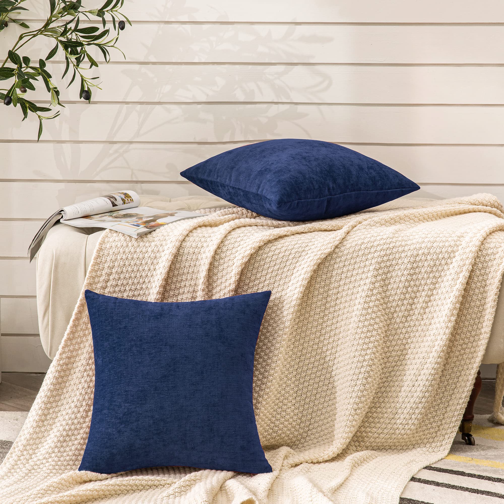 GAWAMAY decorative square cover in navy enhances farmhouse-style decor.