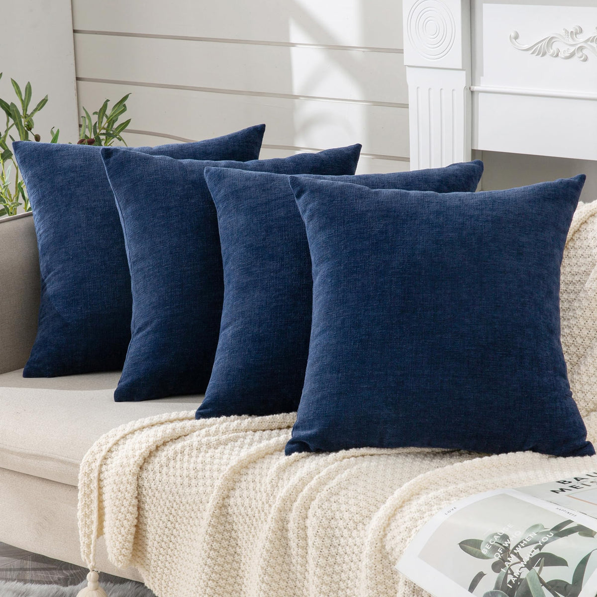 GAWAMAY navy chenille pillow cover 18x18 set of four for living room decor