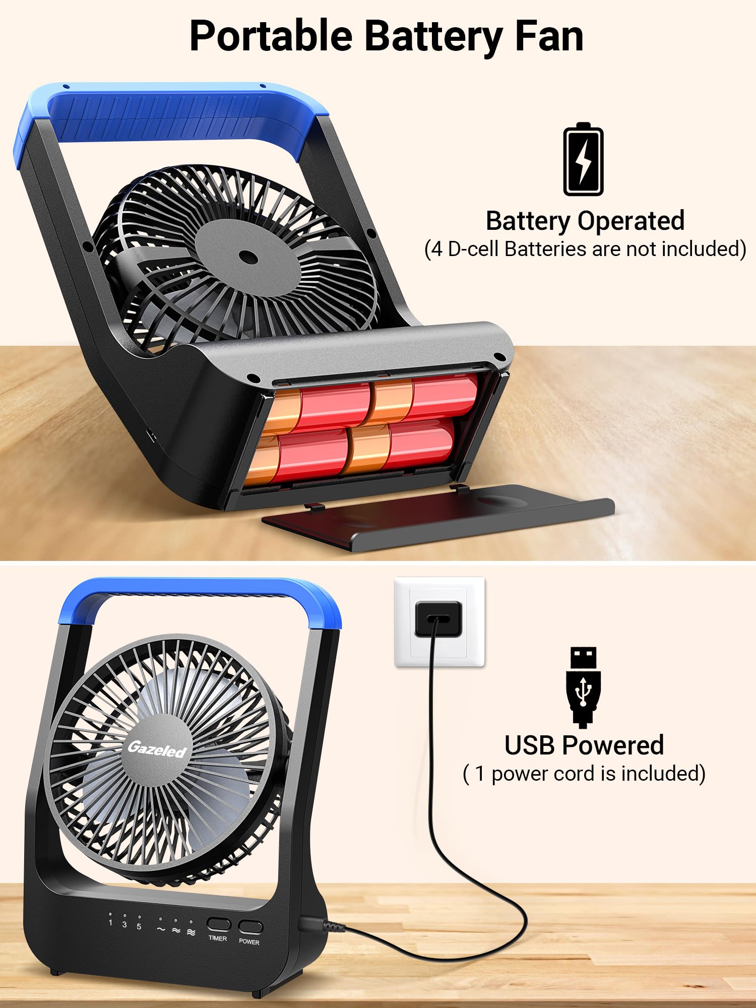Gazeled 5-inch D-cell fan, ideal for travel and outages.