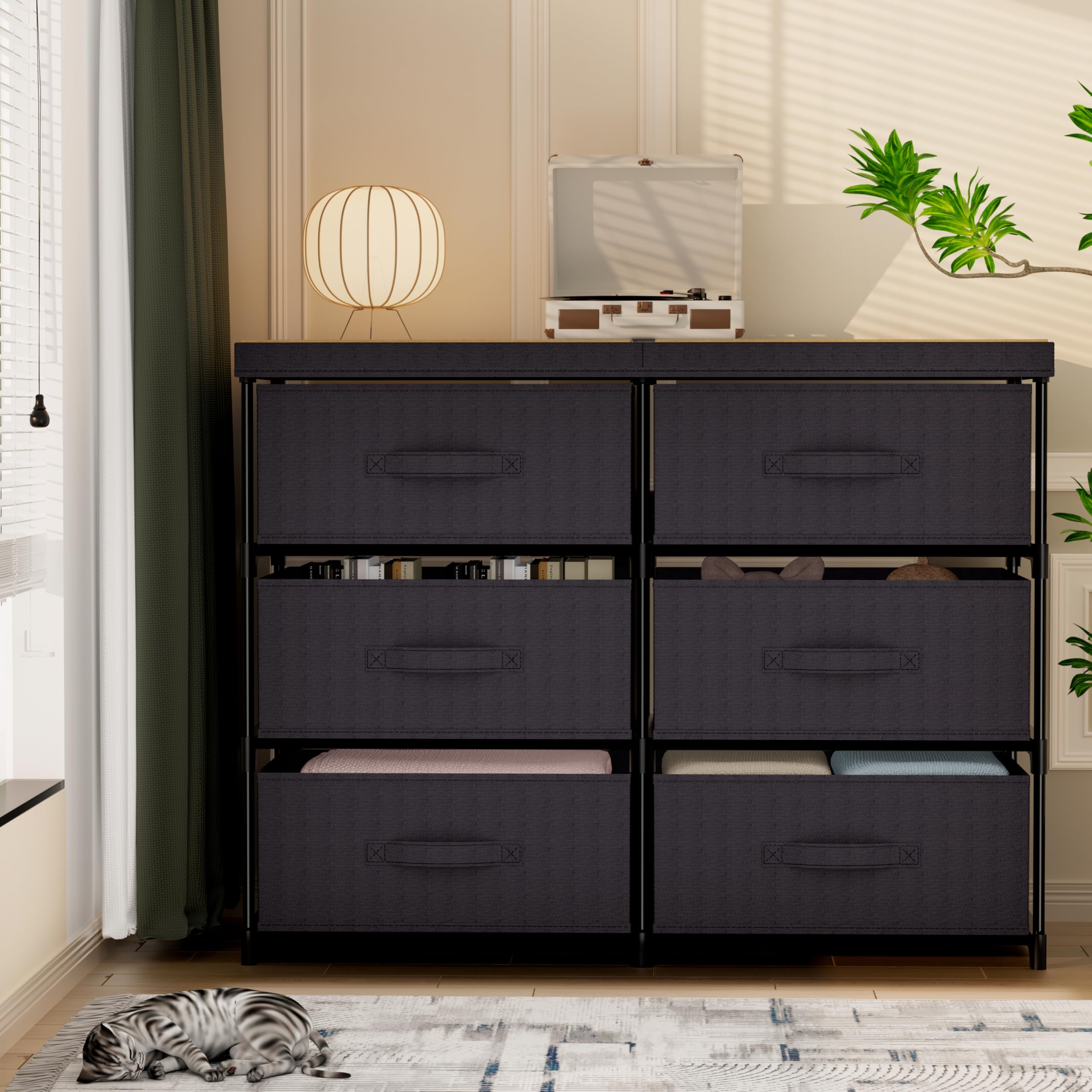GcdPai dresser front view showing six fabric drawers for organized storage and quick access