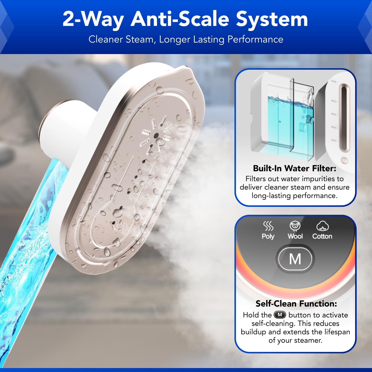Gearwiz 2-in-1 steam station iron digital display showing settings for precise control