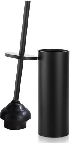 Gecious black plunger in metal canister for clean bathroom storage.