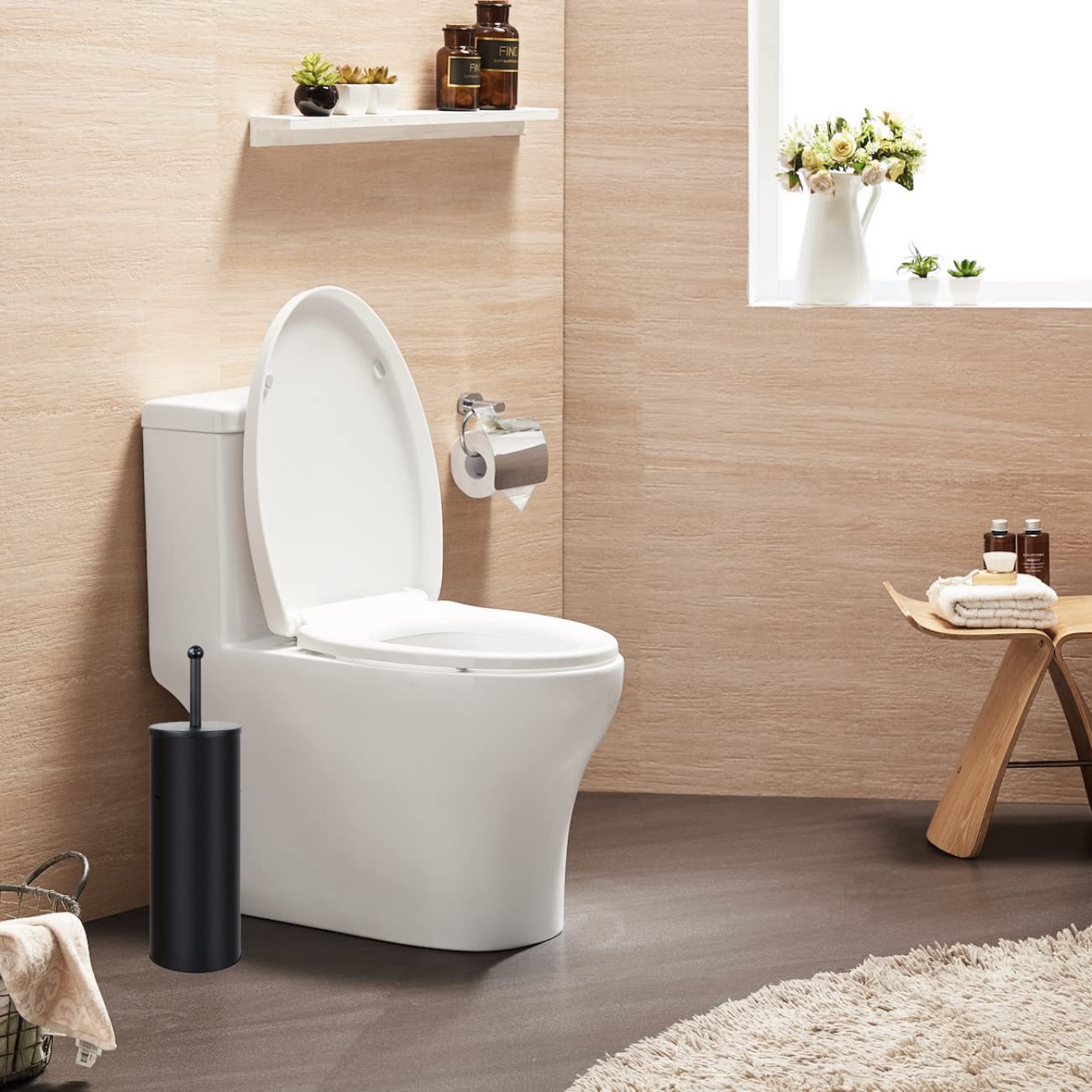 Gecious bronze plunger with holder in compact design for small spaces.