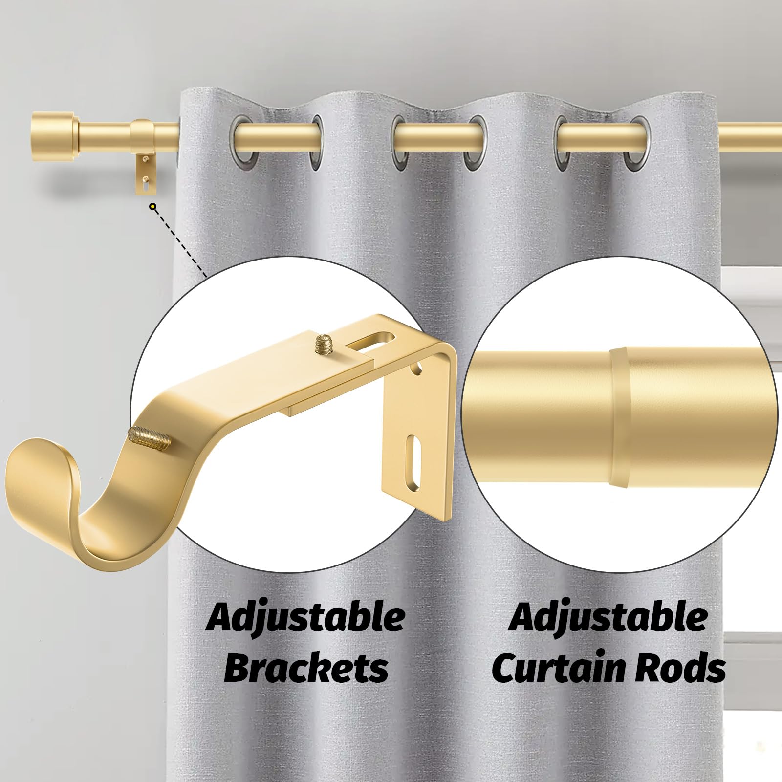 GEEBOBO Gold curtain rods wall bracket close-up highlights durable mounting hardware.