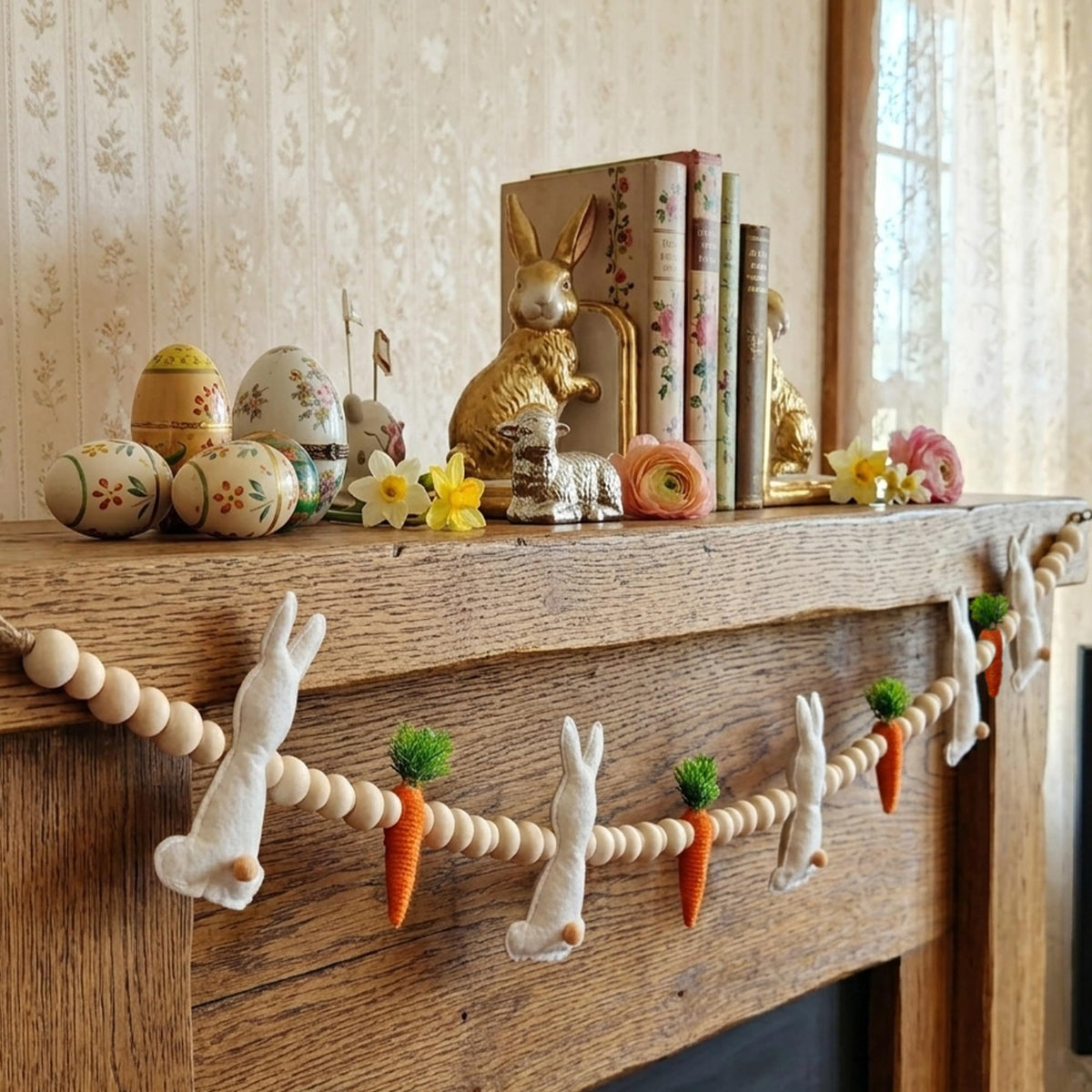 Gee Hut Easter bunny garland on mantle adds warm rustic charm.