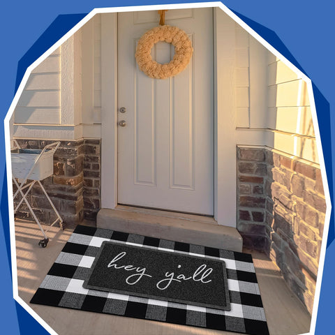 Geelin buffalo plaid rug featuring classic check pattern for porch or foyer seating area.