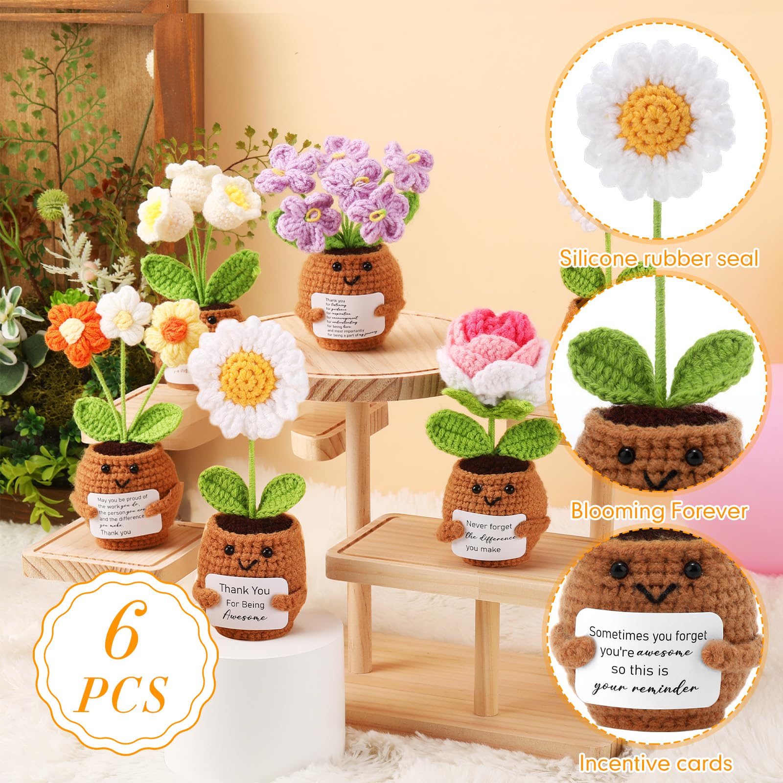 Geelin crochet flower pot with inspirational card suitable for appreciation gifts.