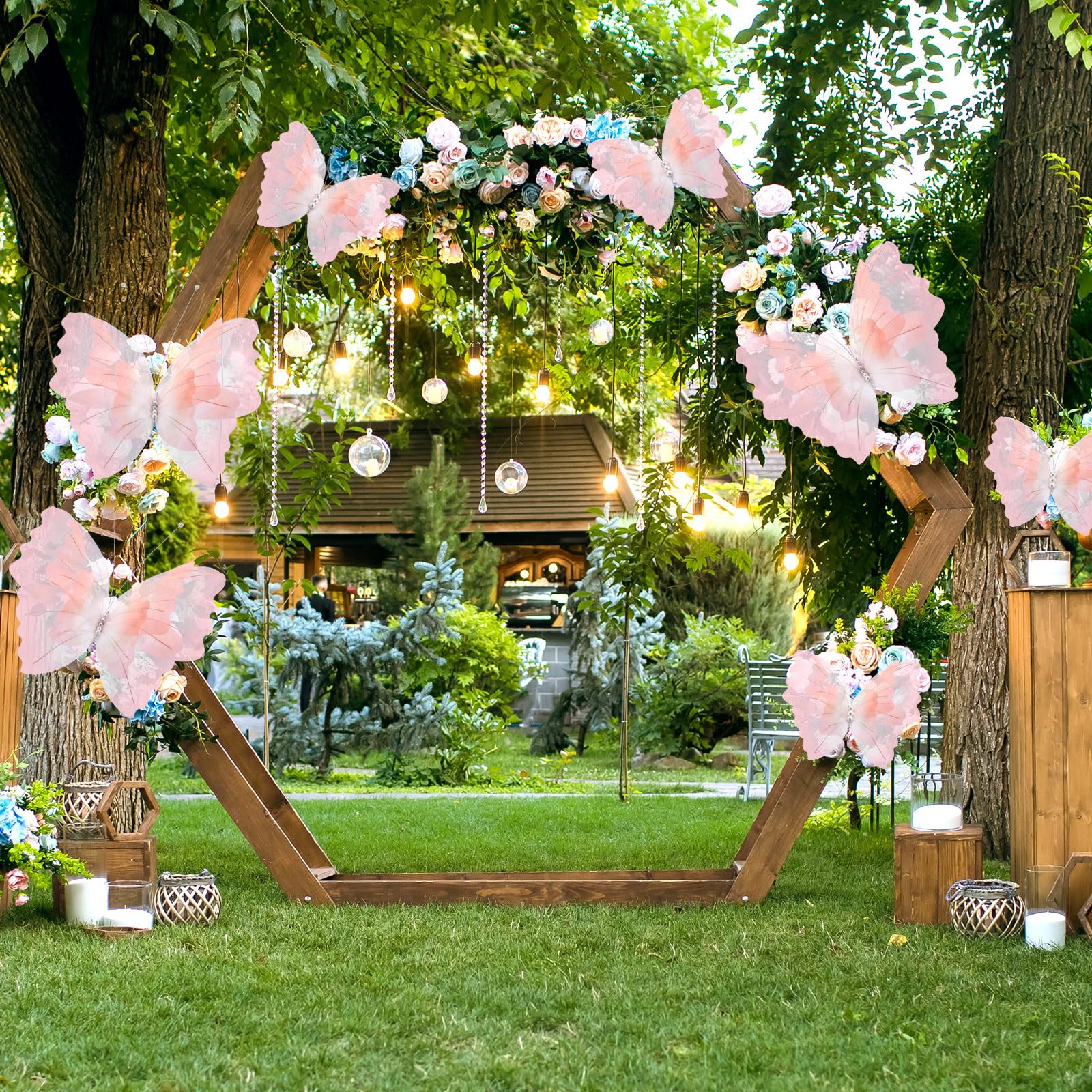 Geelin gradient pink butterflies used on a wedding arches backdrop.