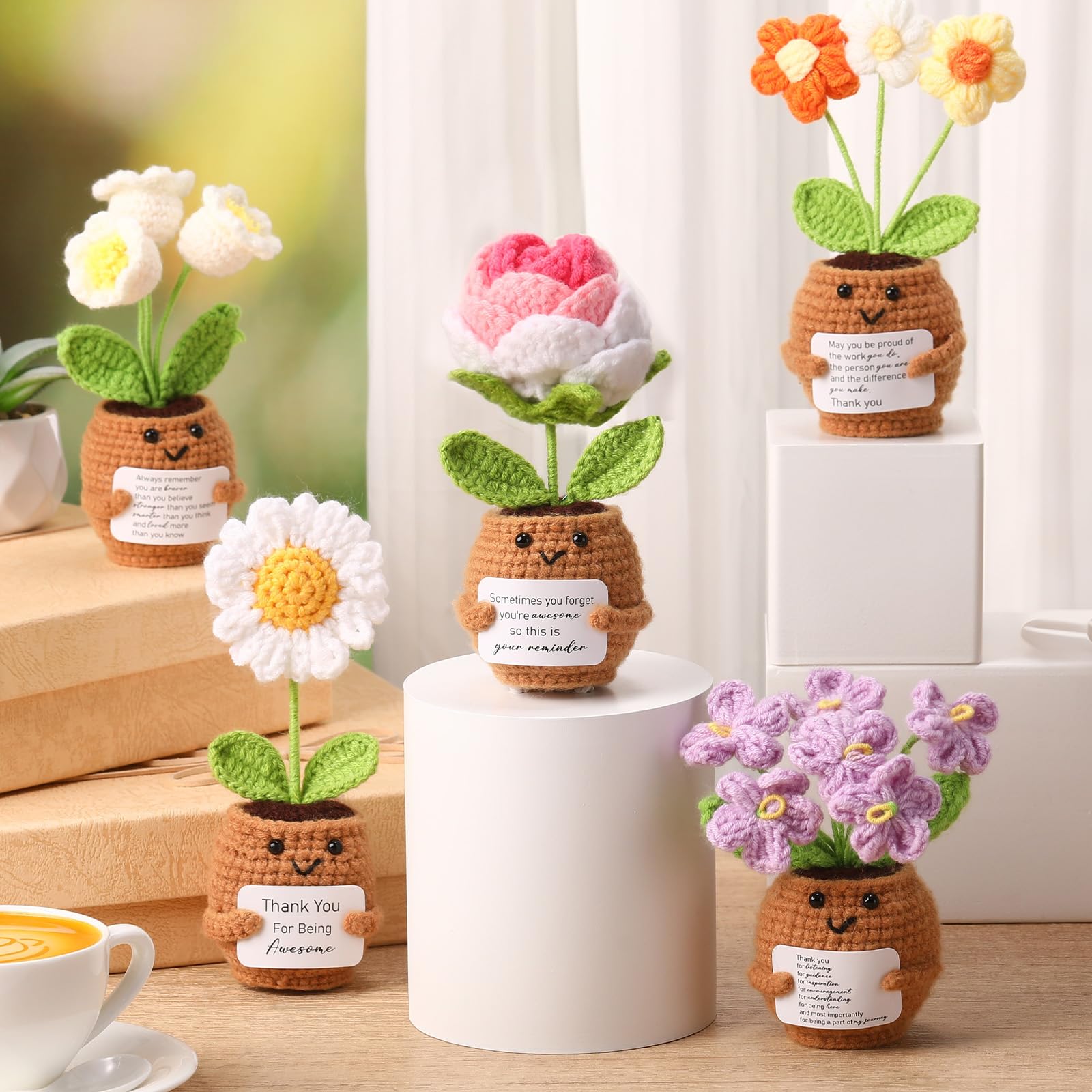 Geelin lightweight desk décor crochet flower pot enhances home or office spaces.