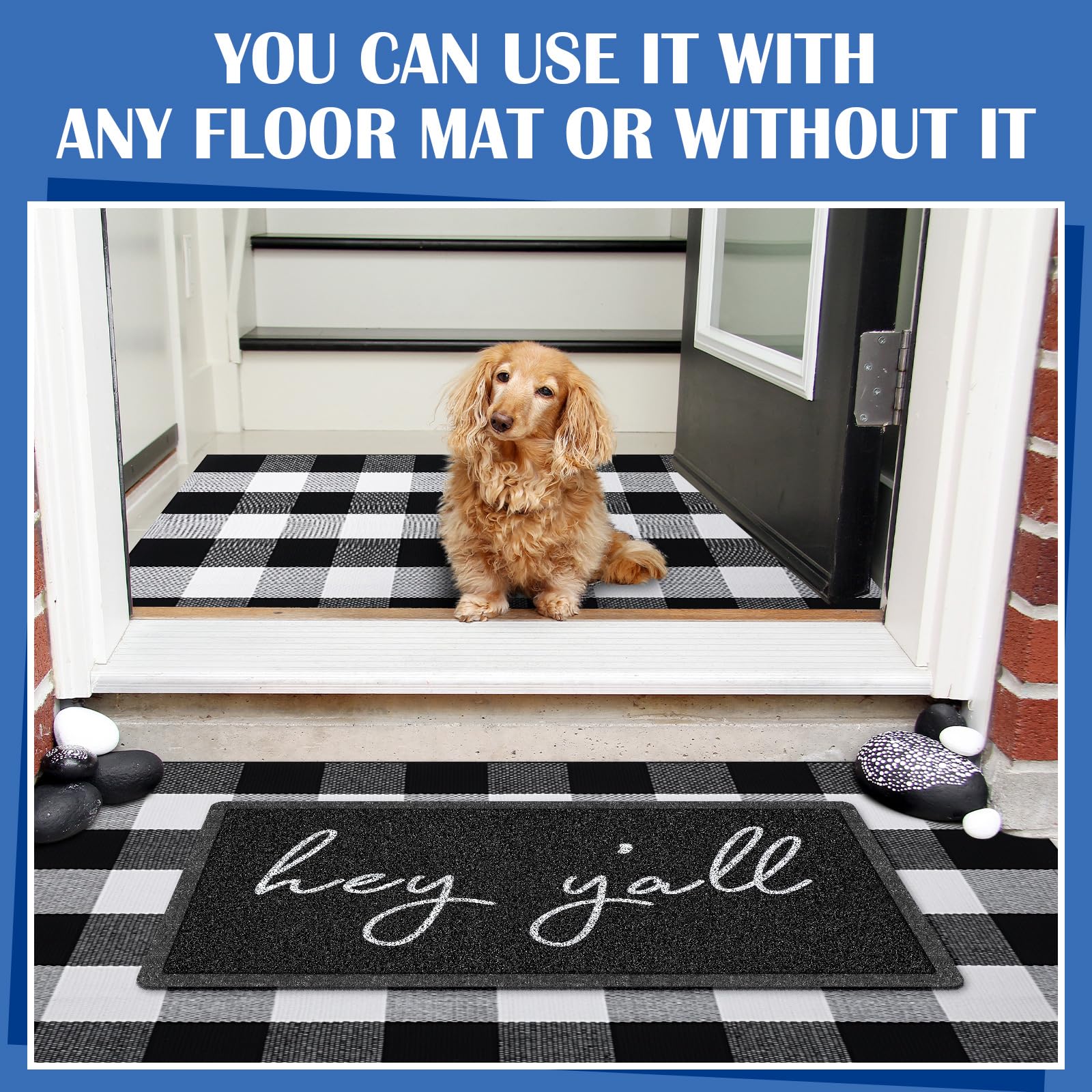 Geelin non slip backing keeps the welcome mat stable on outdoor thresholds.