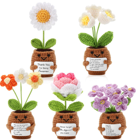 Geelin six-set crochet flower pots brighten desks with cheerful colors for positive vibes.