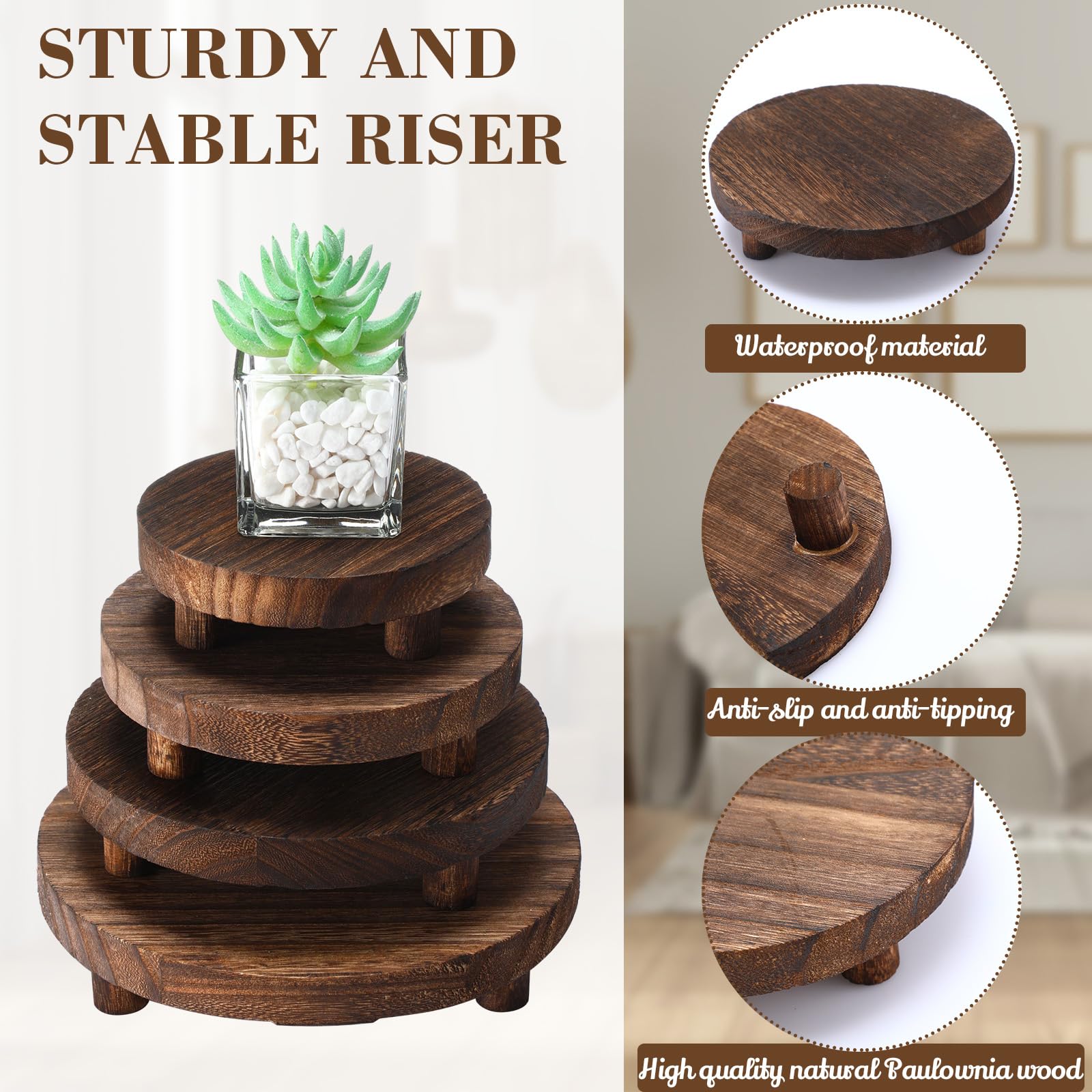Geetery round plant stand riser adds rustic charm.