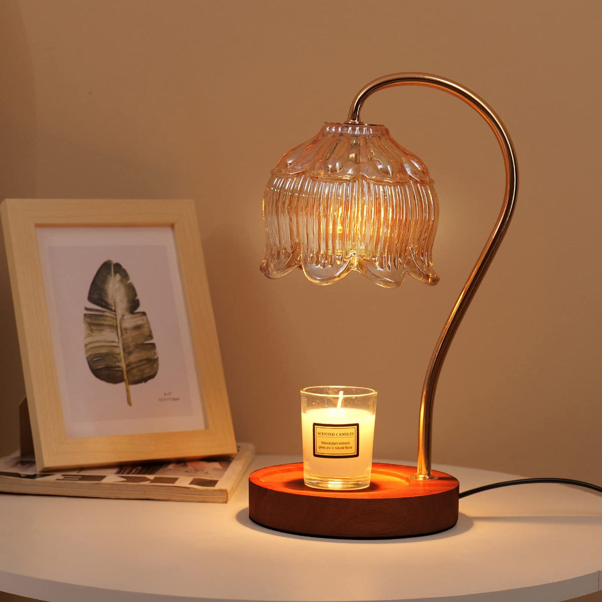 Geezo Fragrance Candle Warmer Lamp on table with a cozy glow for ambiance