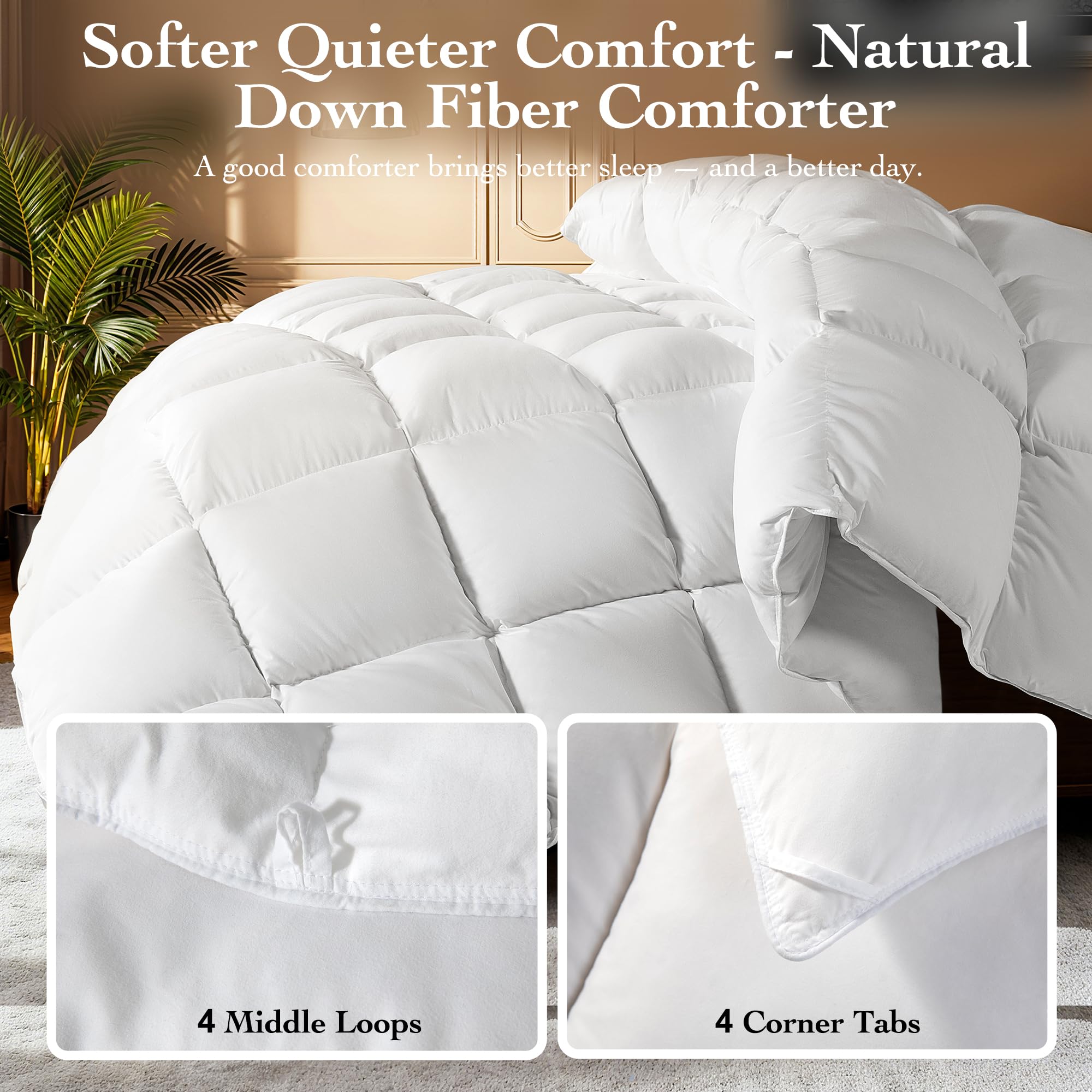 Gehtmnl goose down fiber comforter queen size label emphasizes true queen dimensions