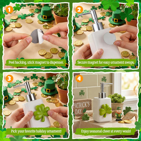 Interchangeable resin ornaments attach magnetically for seasonal updates.