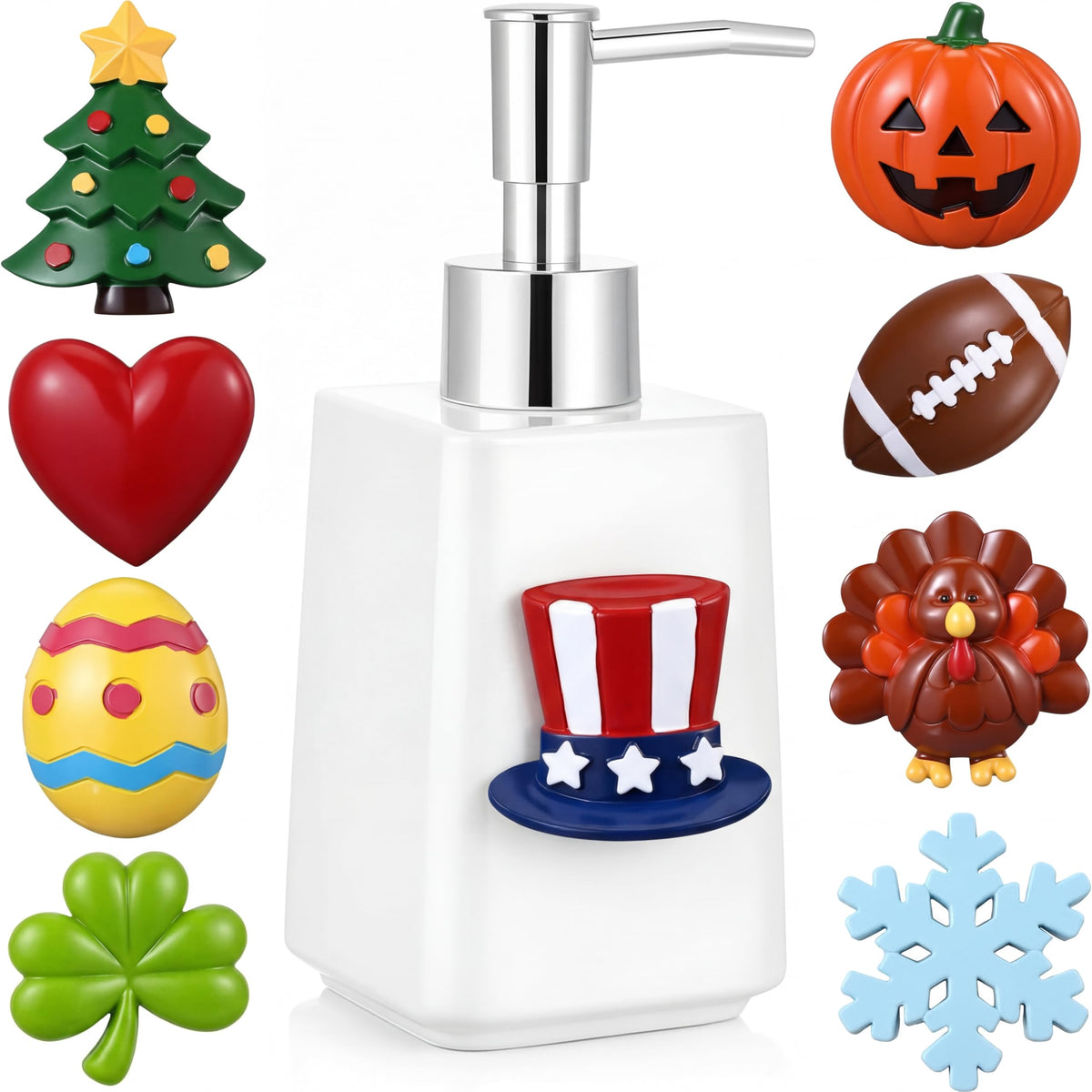 Gejoy patriotic soap dispenser in silver with magnetic ornaments for festive decor.