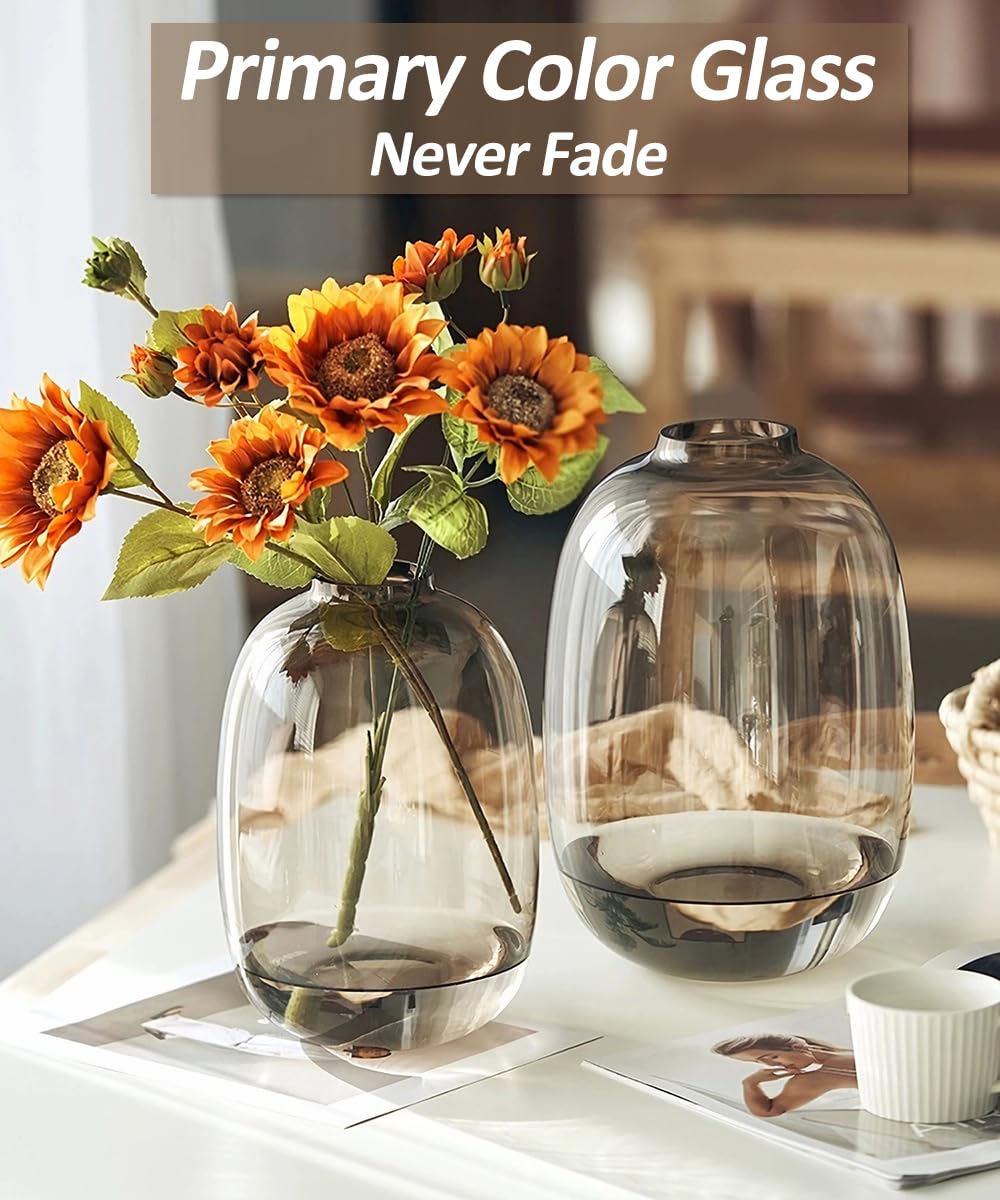 GeLive brown glass vase top view highlights opening for long stems.