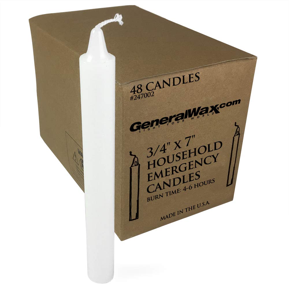 General Wax & Candle Company long white unscented candles in a 48-count box for emergencies.