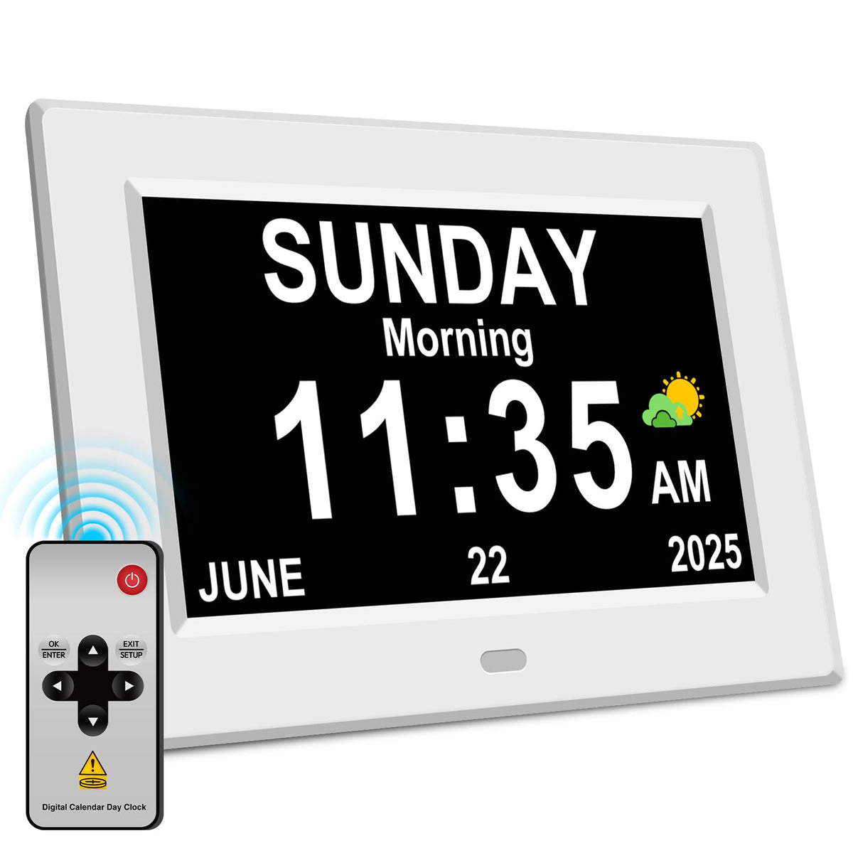 Generic 11-inch clock front view with large time and date for easy readability