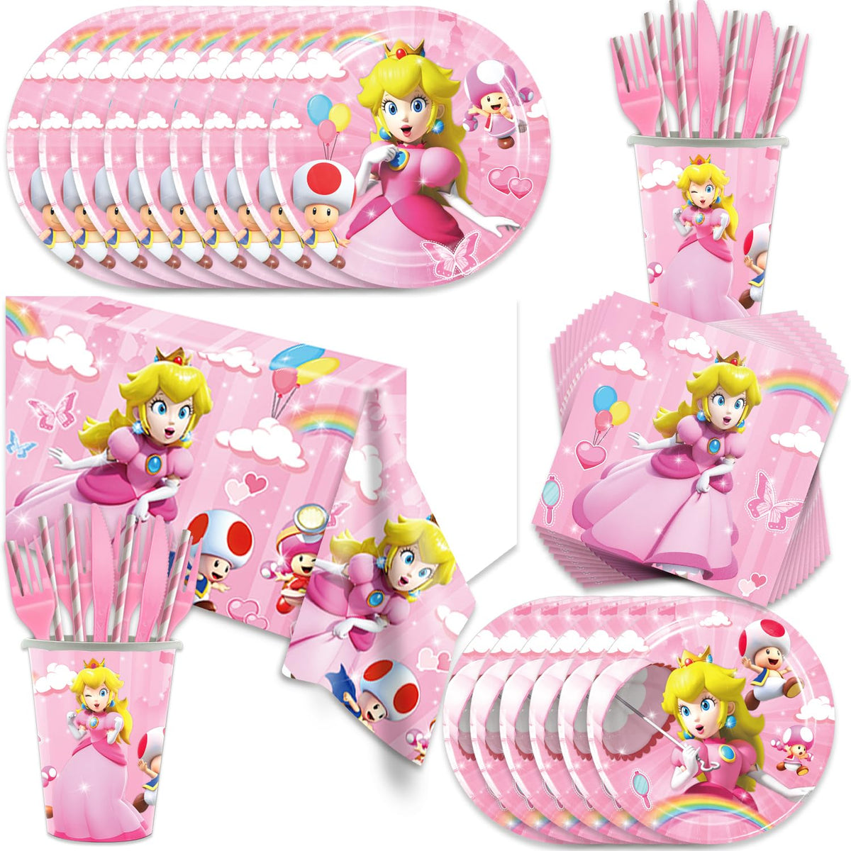 Generic Princess Peach tableware packaging showing a complete party kit for 20 guests