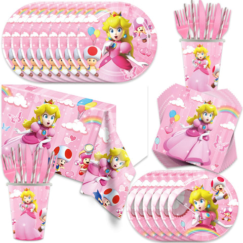 Generic Princess Peach tableware packaging showing a complete party kit for 20 guests