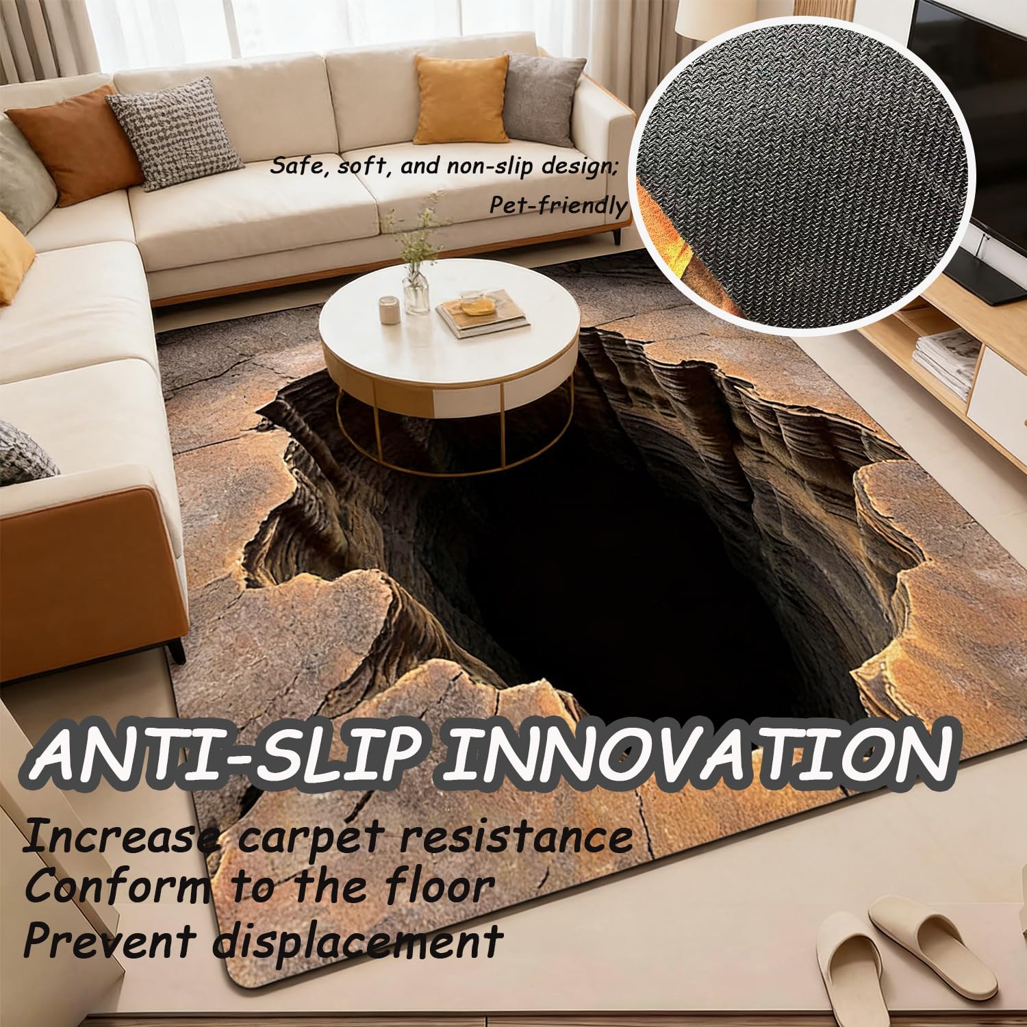 Generic 3D Hole Rug complements living rooms and stairs with pet-friendly durability
