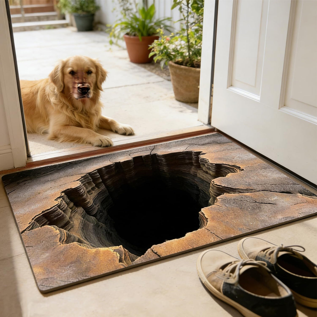 Generic 3D Hollow-out Rug shows lifelike hole for dramatic hallway entrances and playful interactions