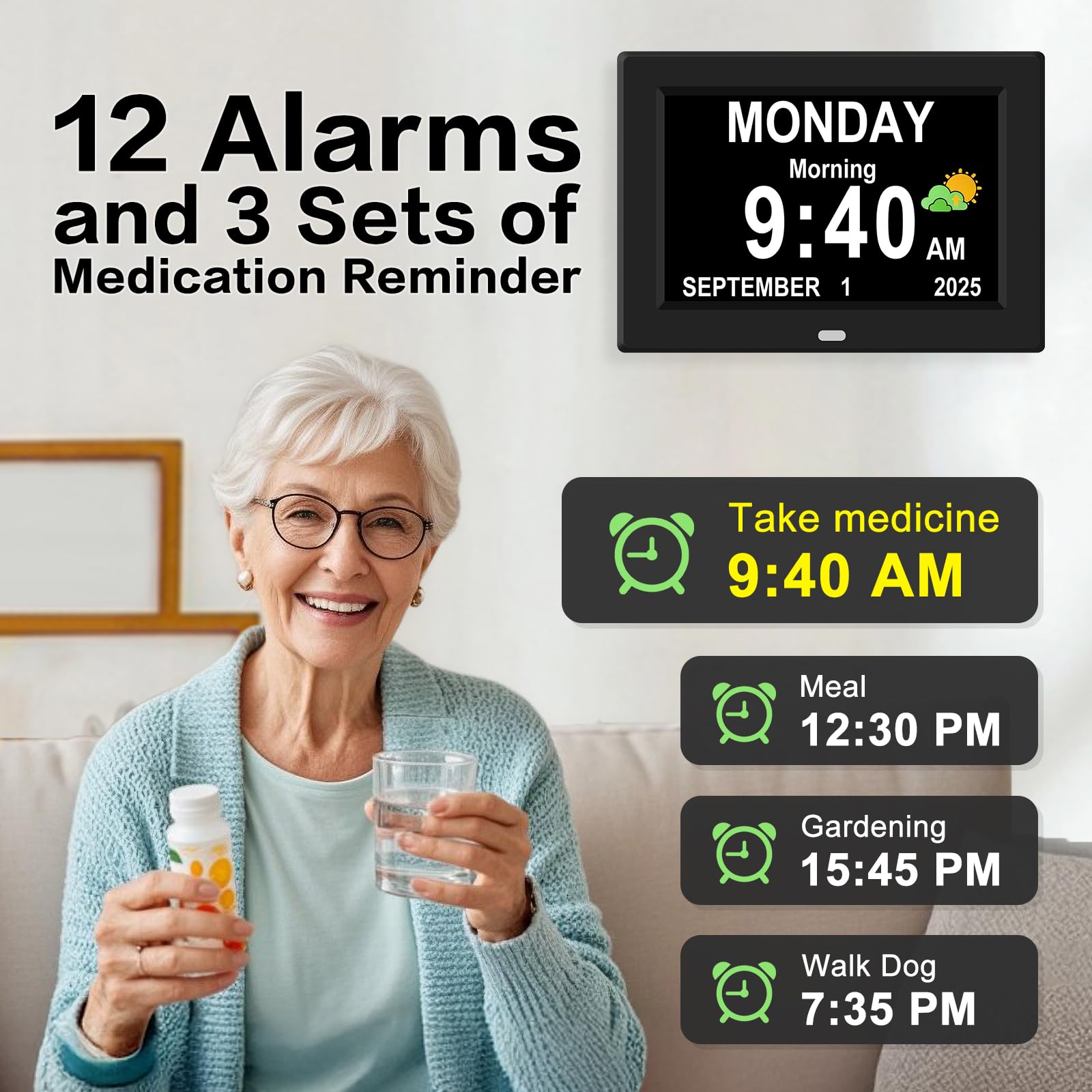 Generic 7-inch alarm clock available in four colors for personal style.
