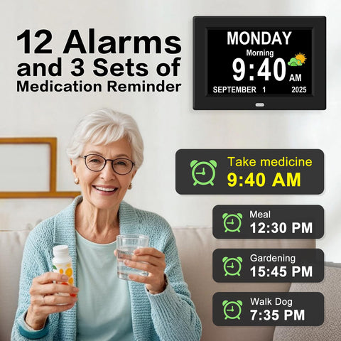 Generic 7-inch alarm clock available in four colors for personal style.
