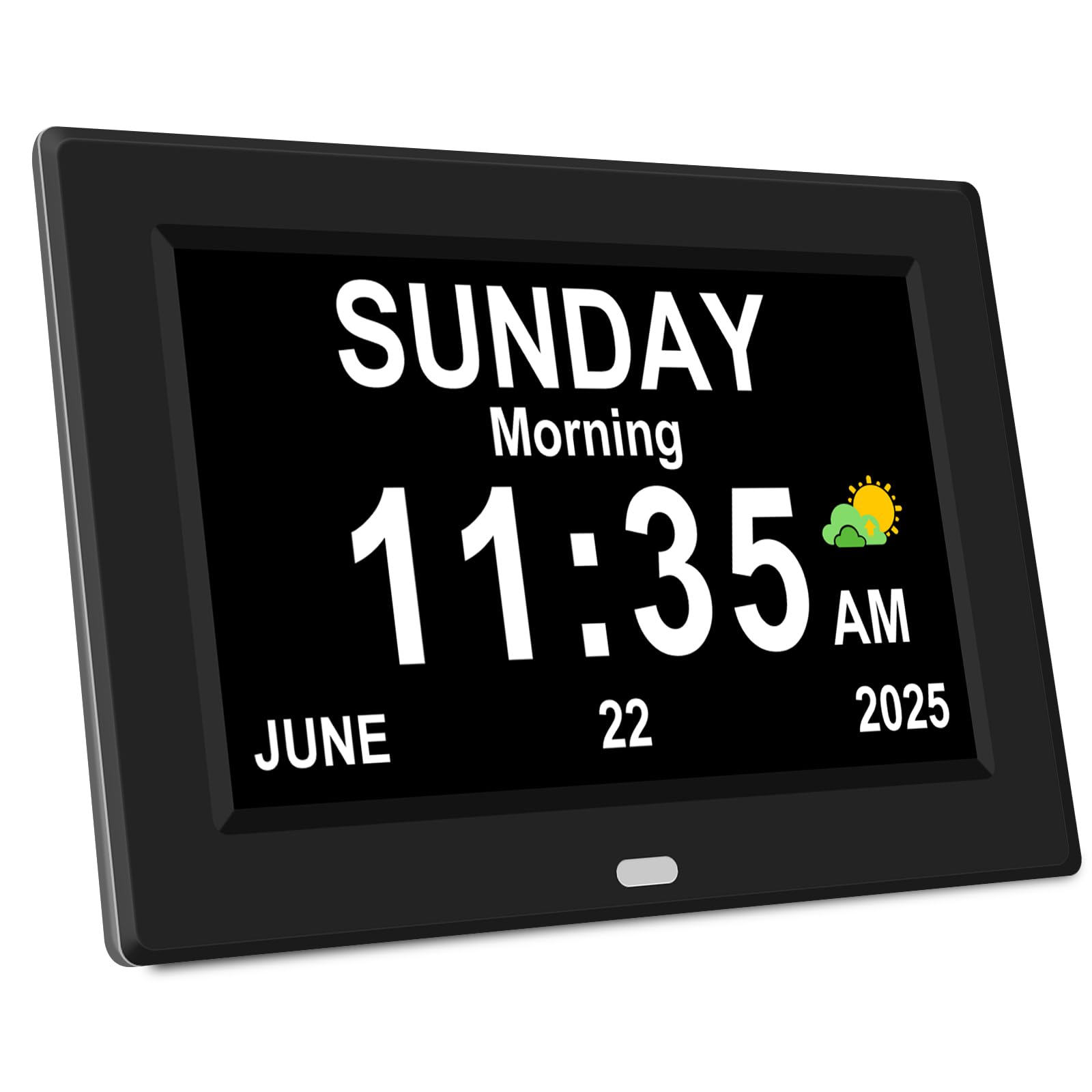 Generic 7-inch digital alarm clock on a desk with a large display for easy viewing by seniors.