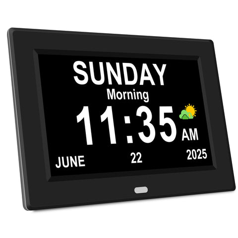 Generic 7-inch digital alarm clock on a desk with a large display for easy viewing by seniors.