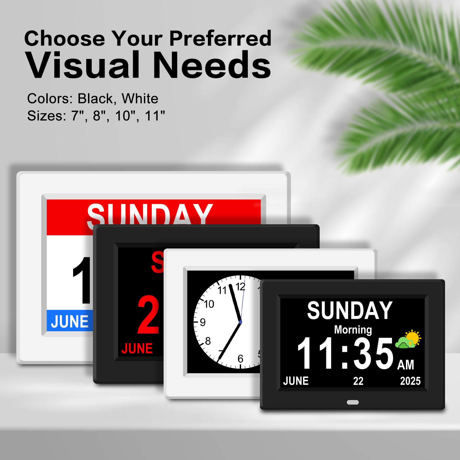 Generic 7-inch clock shows cartoon reminders to aid routines.