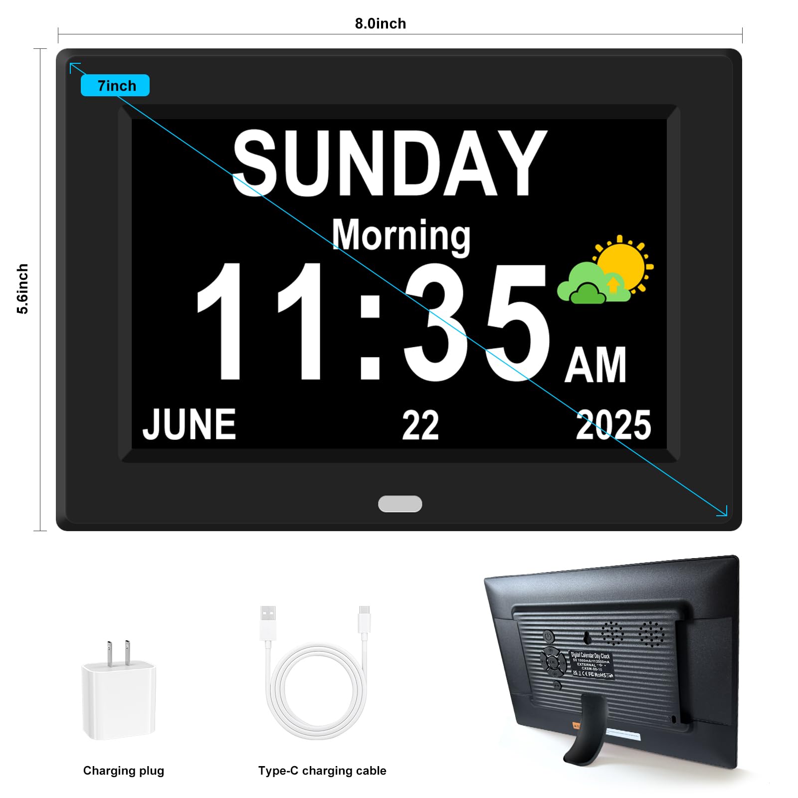 Generic 7-inch clock showing time, date, and day for clear daily orientation.