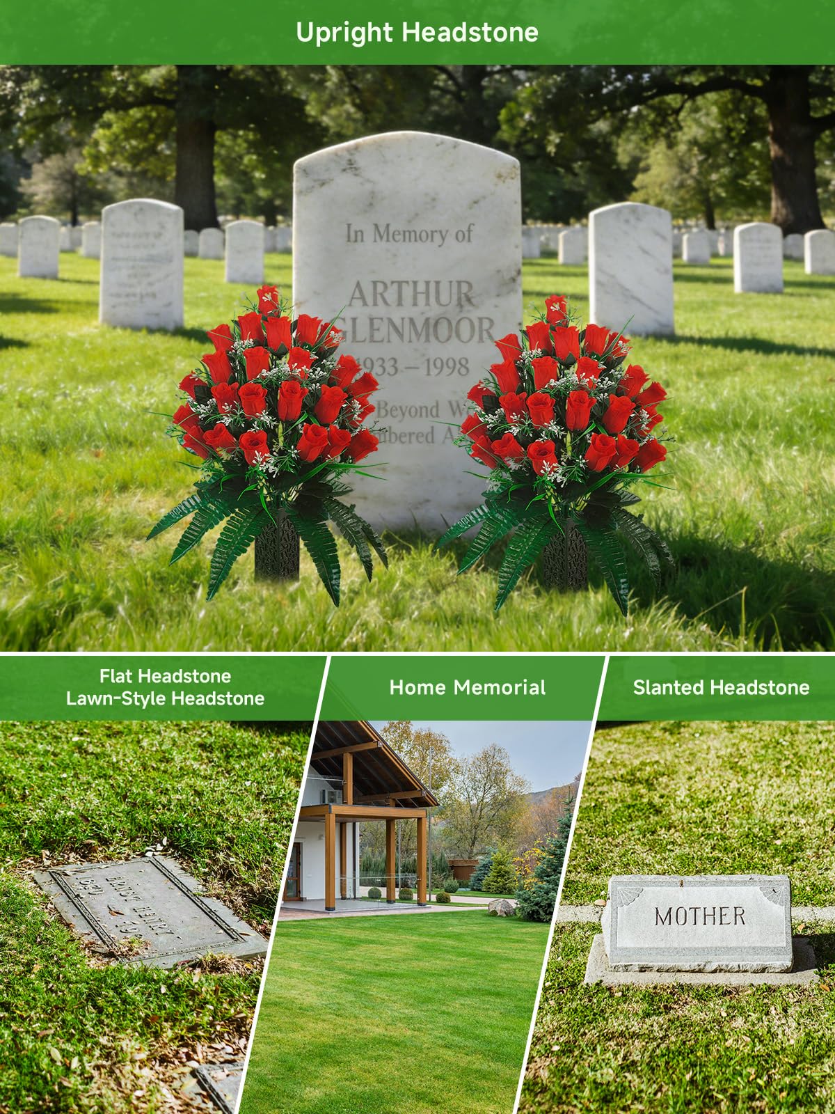 Generic all-weather memorial decorations ideal for year-round remembrance.