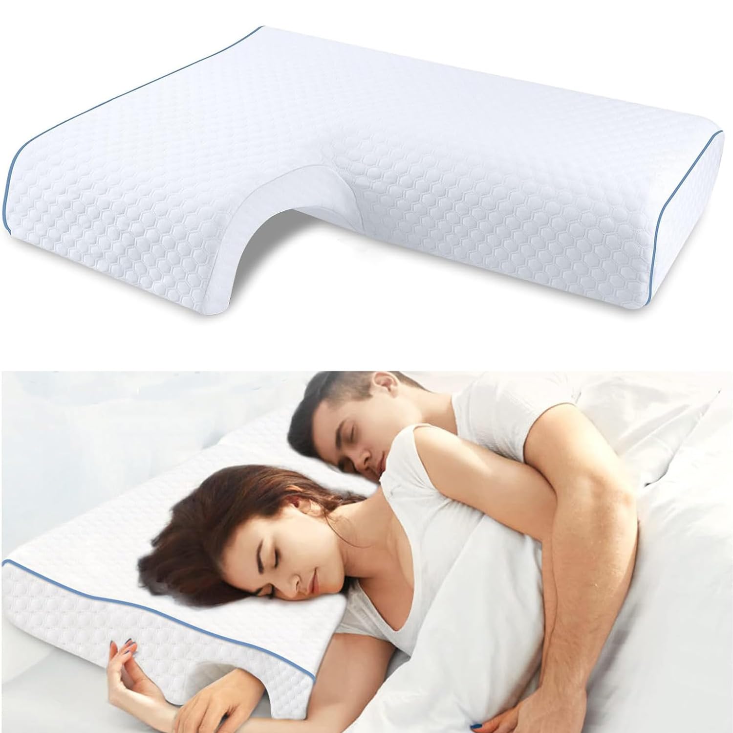 Generic arched memory cuddle pillow with arm hole relieves side-sleeper arm pressure
