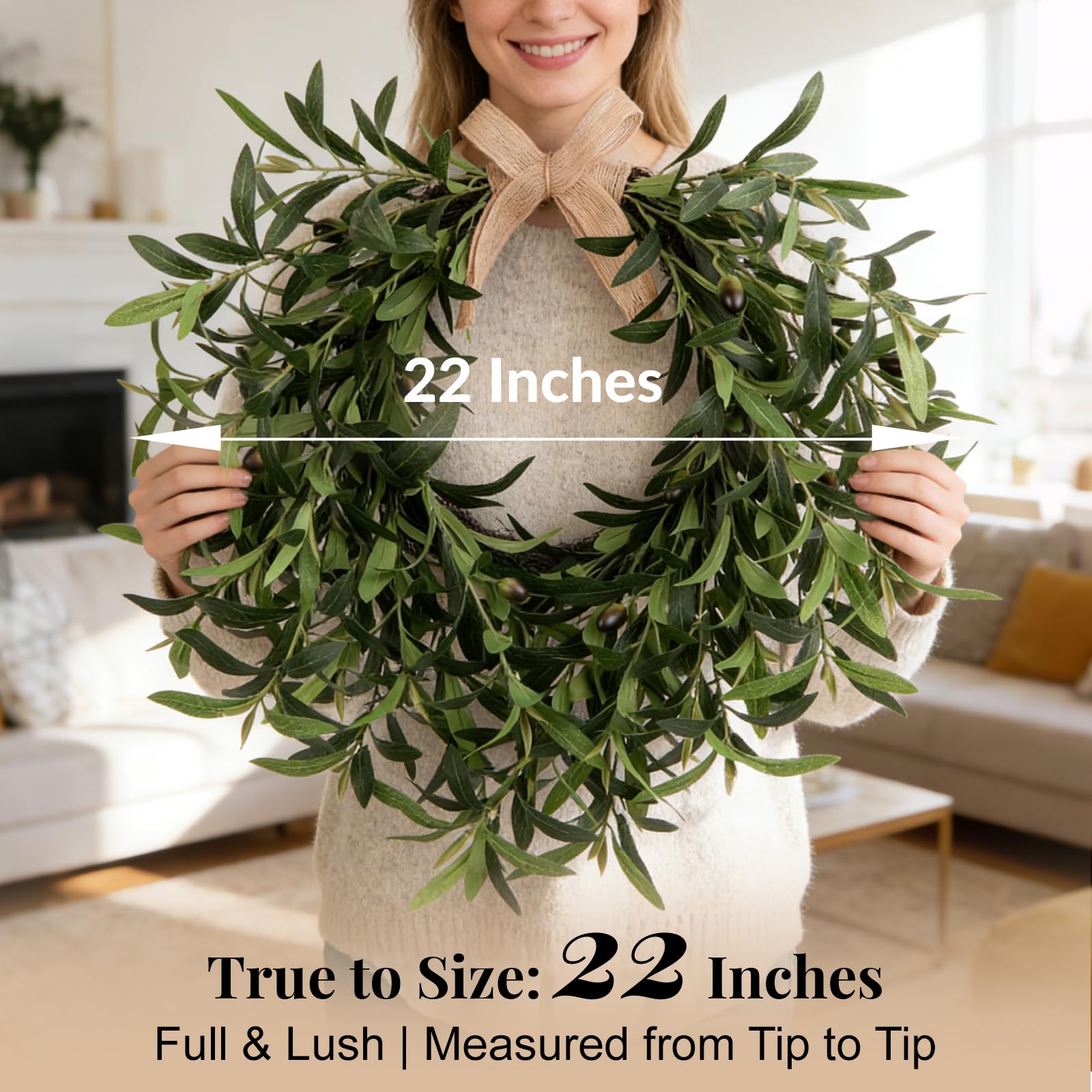 Generic olive wreath burlap bow accent for farmhouse entryways.