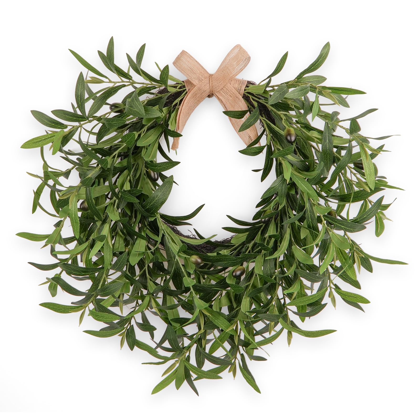 Generic artificial olive wreath for front door enhances year-round curb appeal.