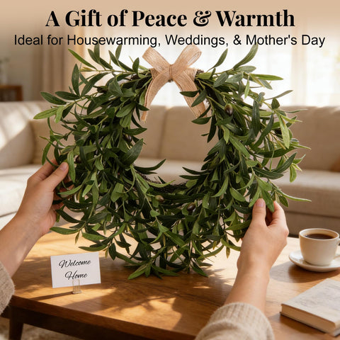 Generic olive wreath arrives ready to hang for instant decorating.